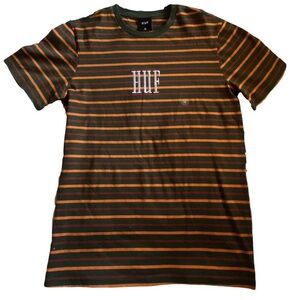 HUF Men's Green and Orange Striped Tee